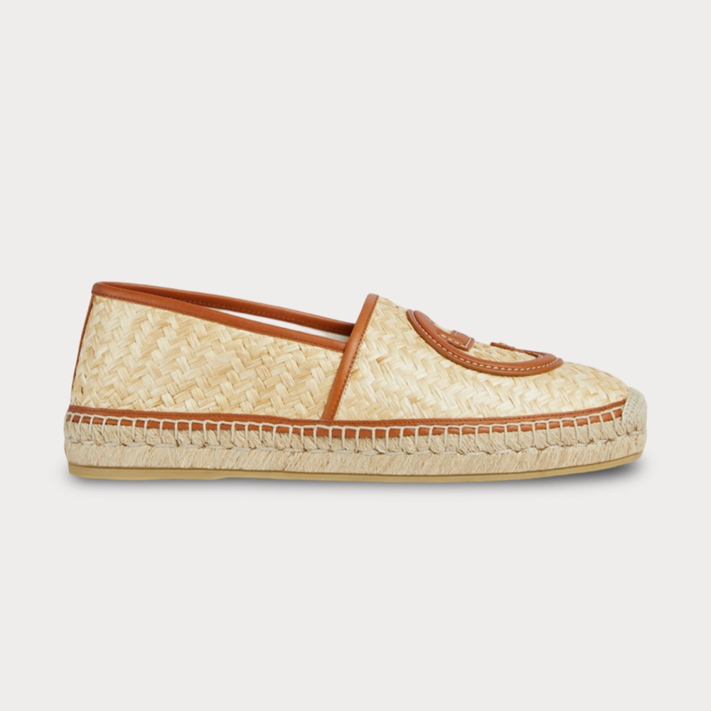 Gucci Natural Raffia Espadrille Loafer with Brown Leather Trim 8.5